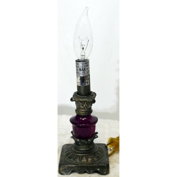 Small Lamp with Purple Glass Center Accent Table Nightlight Resin Metal Colored - Picture 5 of 11